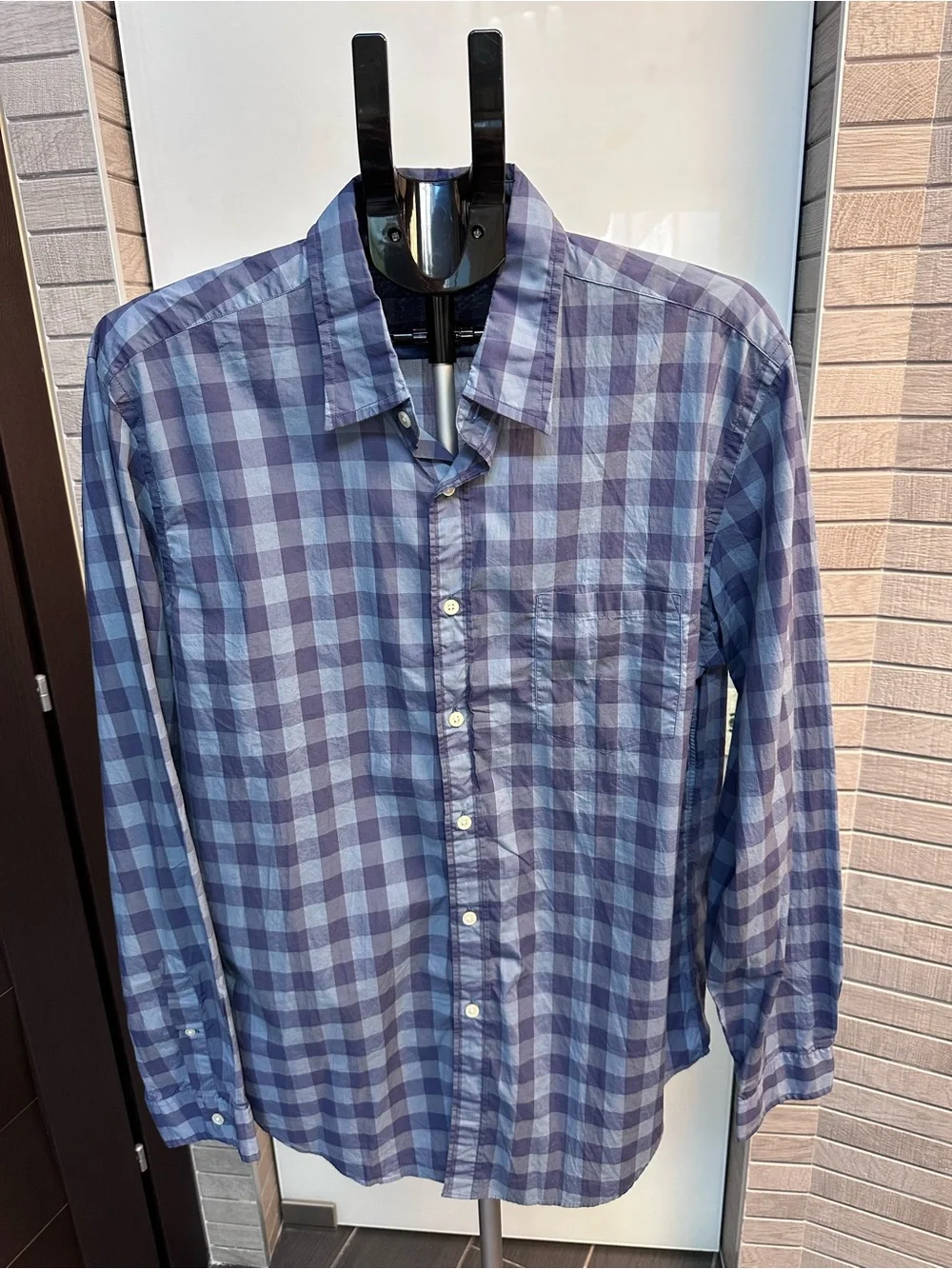 J. Crew Men’s Powder Blue and Navy Gingham Check Button-Down Shirt